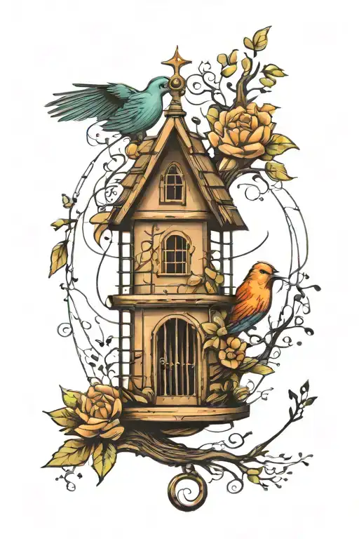 house path mountain bird cage tattoo design idea
