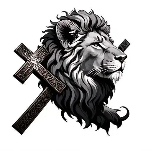 Christian lion with cross realistic  tattoo design idea