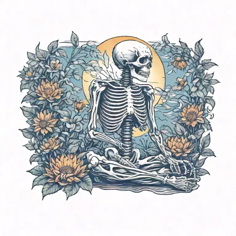 skeleton meditating, big sun , flowers as filler tattoo design idea