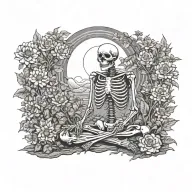 skeleton meditating, big sun , flowers as filler tattoo design idea