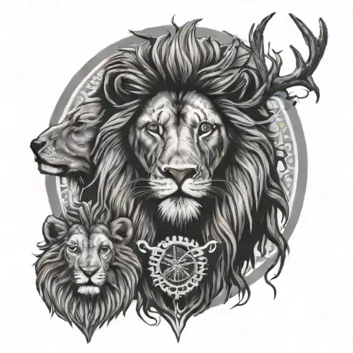 Lion and deer with a sun and the one seeing eye surrounded tattoo design idea