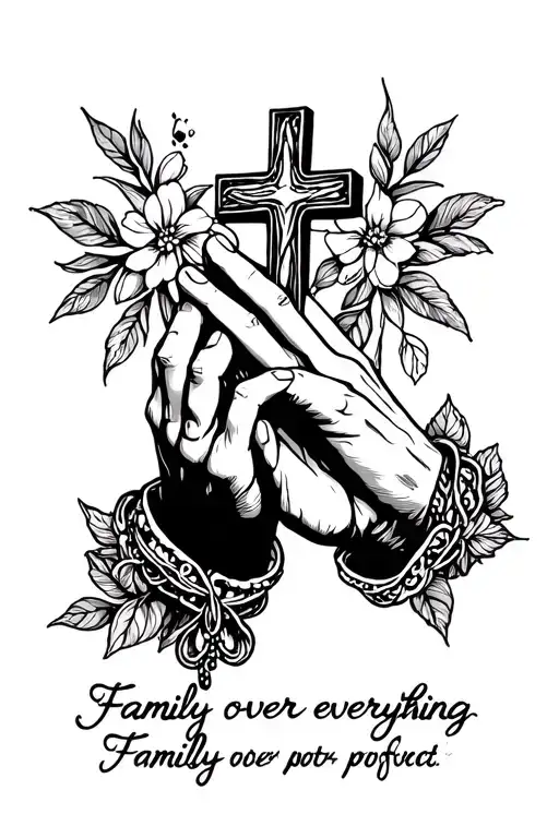 prayer hands holding cross necklace, family over everything text below tattoo design idea