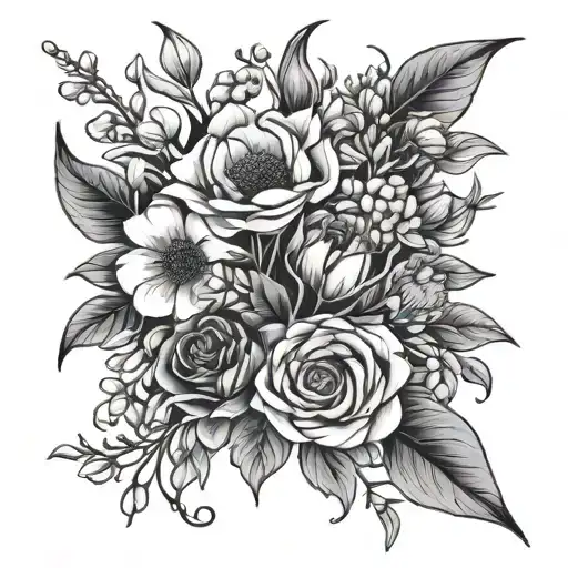 januray, april and may flower bouquet tattoo design idea