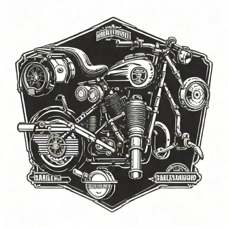 Combine elements of a Harley Davidson logo with a carpenter's hammer and nails in a blackwork style, representing your dual passions in a unique and artistic way. tattoo design idea