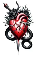 A dagger piercing a realistic bleeding human heart ensnared by black roses with thorns. Add a black mamba coiled around  tattoo design idea