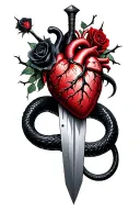 A dagger piercing a realistic bleeding human heart ensnared by black roses with thorns. Add a black mamba coiled around  tattoo design idea