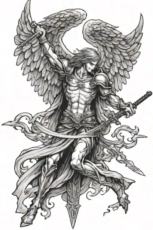 arc angel stading straight up with wings spreaded and a sword down the midle tattoo design idea