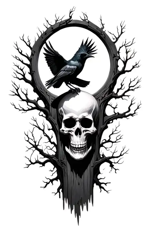 Death and graveyard with crows flying tattoo design idea