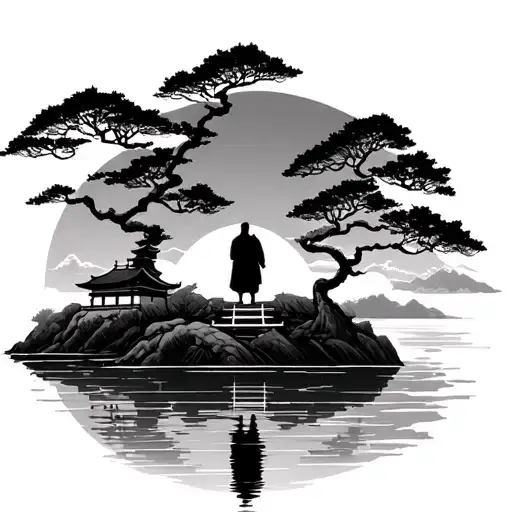 Taisekiji temple in foreground. A Monk standing on a cliff with japanese trees around, watching over a sunrise on water. tattoo design idea