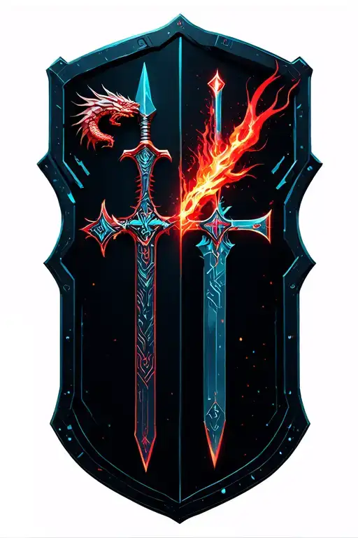Two cyber daggers , dragon sword and shield in cross shape , red energy, orthodox cross  tattoo design idea