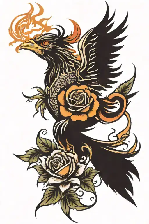 phoenix rising from a spark of flame from a rose with thorns tattoo design idea