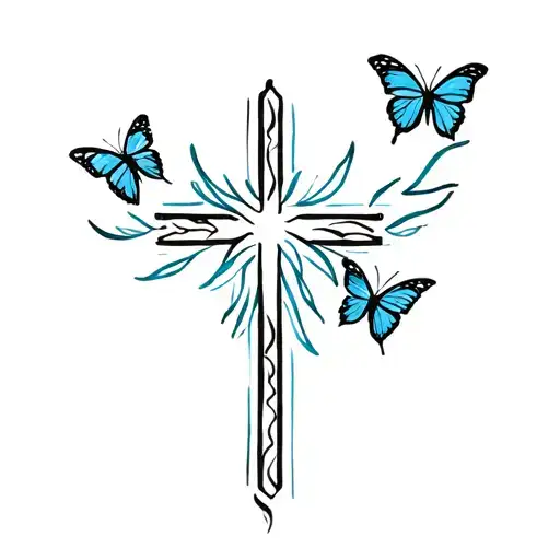 small memorial cross and butterflies surrounding them tattoo design idea