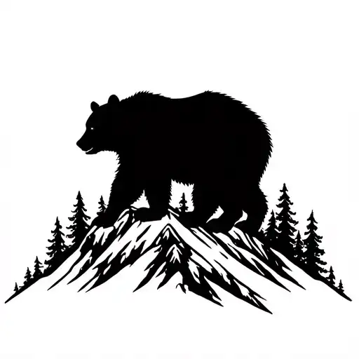 A silhouette of a bear standing on a mountain peak with a forest background tattoo design idea