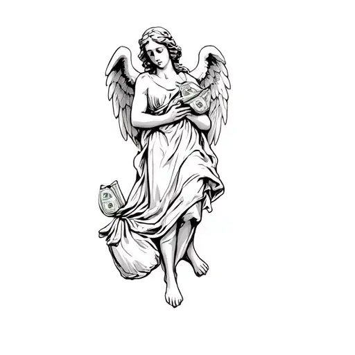 an angel holding a bag of money tattoo design idea
