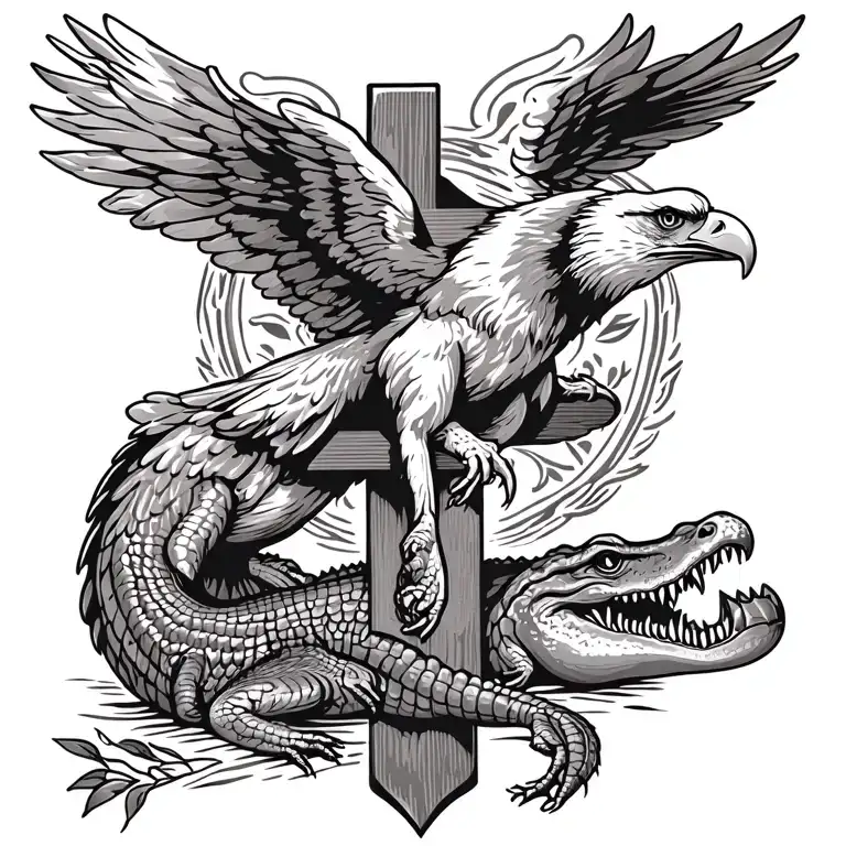 Christian Cross with an eagle and alligator  tattoo design idea