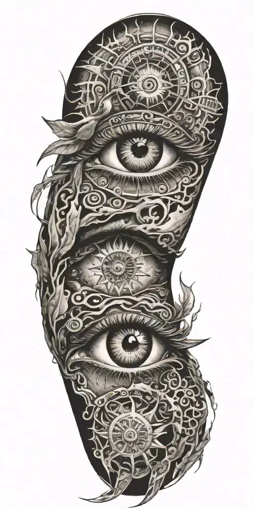 eye and fire,sun. electricity, florida psycedelic tattoo design idea