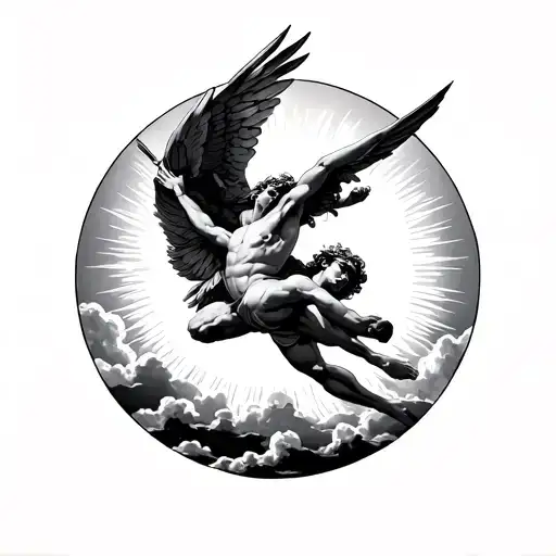 Icarus falling from the sky with a sun in front of him and in a semi circle around the picture, the Greek god headband tattoo design idea