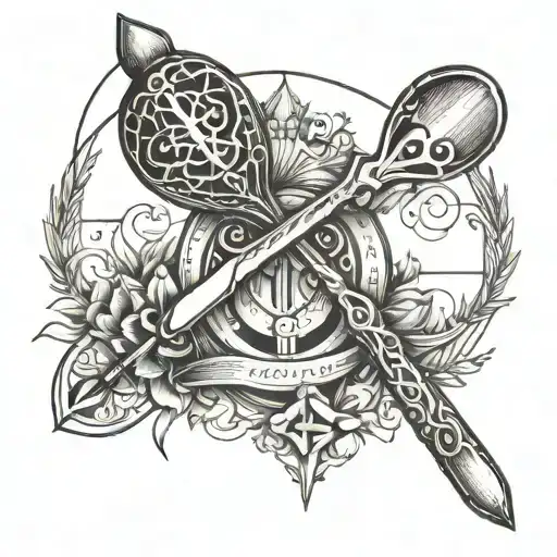 tattoo with mason's spoon, date of birth, date of diffusion, cross and personal quote tattoo design idea
