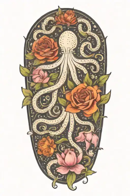 snowdrop, rose, marigold, octopus tenticals tattoo design idea