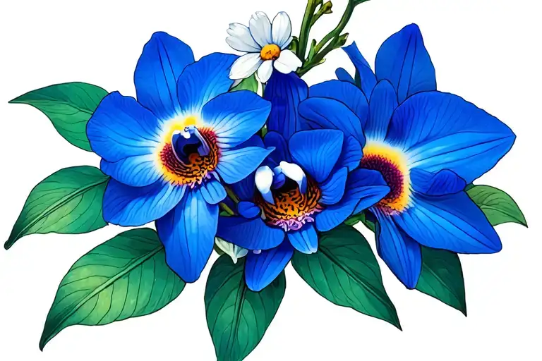 Orchids and Blue Daisies tattoo design idea