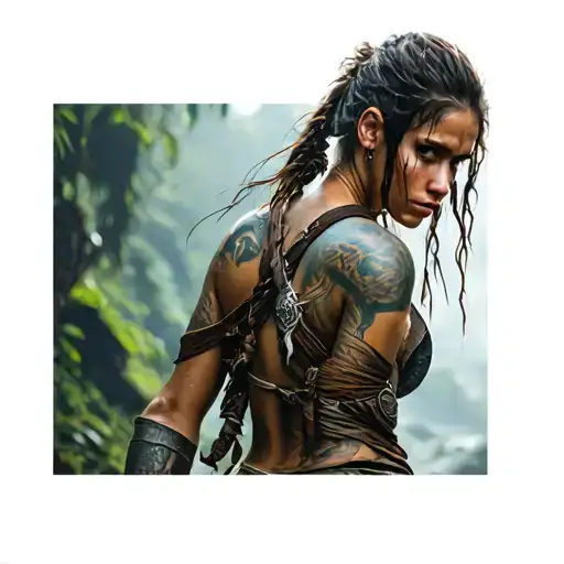 spirituality, badass warrior like Lara Croft with a mysterious side tattoo design idea