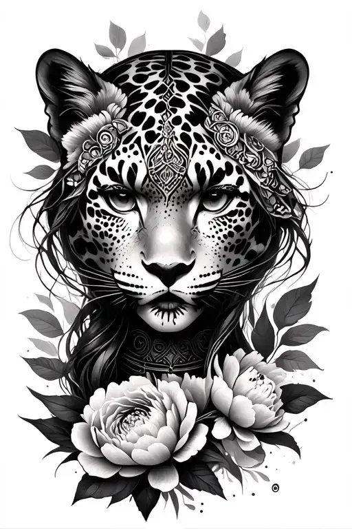 Peonies, Woman warrior face, Strength, Resliliance, black and grey, fierce, snow leopard tattoo design idea