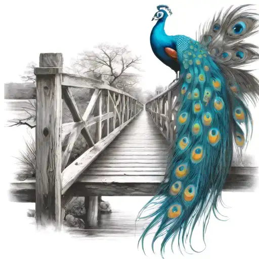 black and white wooden bridge with colorful peacock feather  tattoo design idea