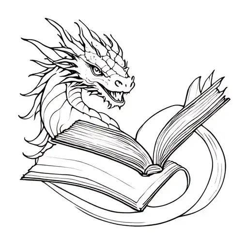 Dragon reading a book, fantasy books tattoo design idea