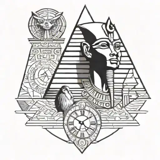 black Egyptian with clock and pyramids include the eye tattoo design idea