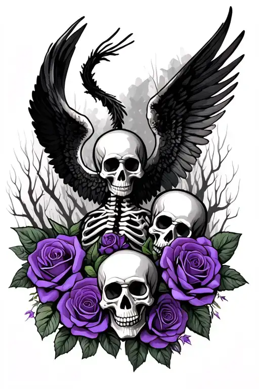 Dark forest as background with shadows, skeleton angel wings, skulls with purple roses tattoo design idea