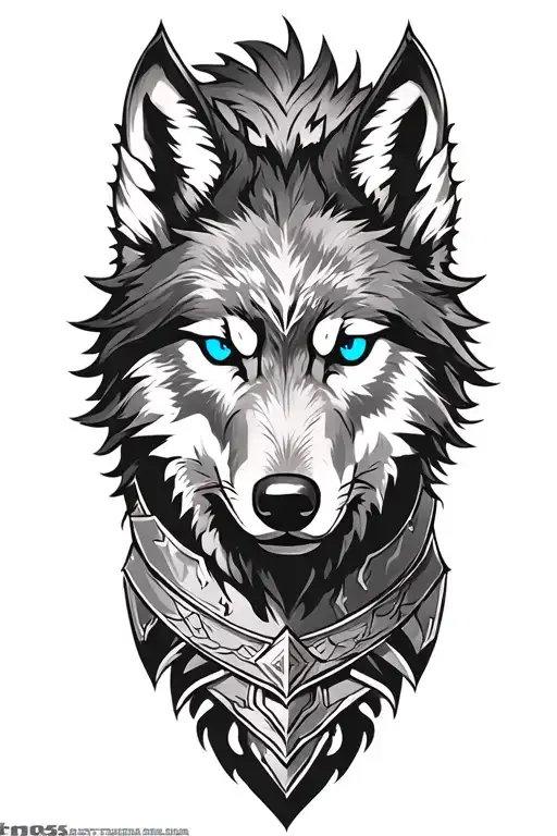 wolf with blue eyes on armor tattoo design featuring Odin tattoo design idea