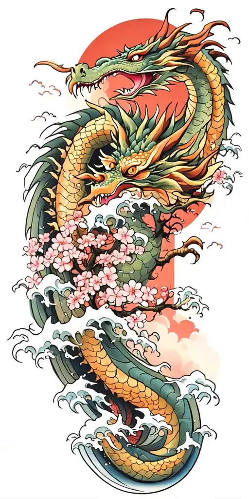 A fierce dragon emerging from the ocean waves with cherry blossom trees in the red background tattoo design idea