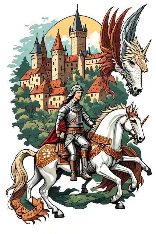 gothic medieval village with castle, knight in horse, winged unicorn, dragon tattoo design idea