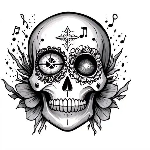 sugar skull with anchor in one eye and music note in the other, North Star in the middle tattoo design idea