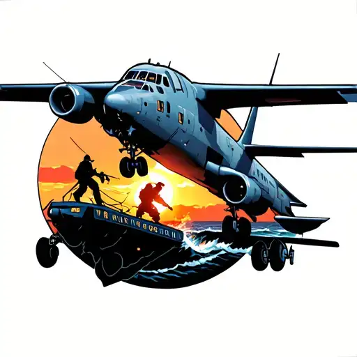 c130 hercules plane saving fisherman on a SAR mission in sunset background  tattoo design idea