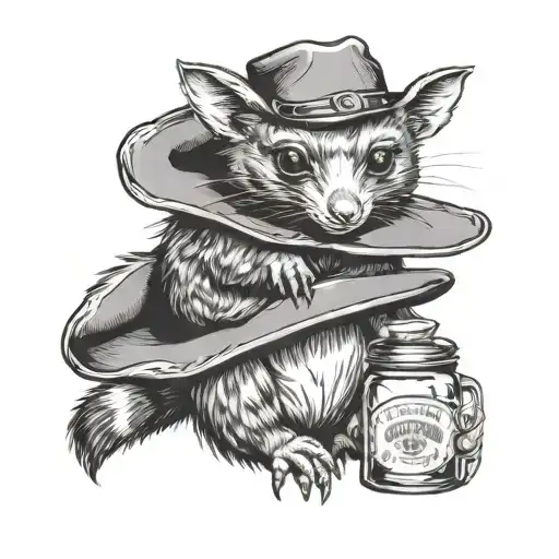 a possum in a cowboy hat with a jar of moonshine tattoo design idea