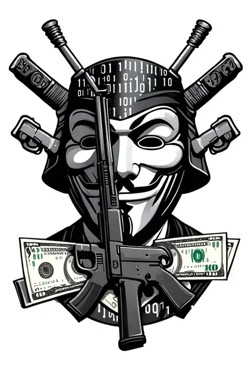 anonymous mask with binary codes and an ak47 with money and hacking tools tattoo design idea