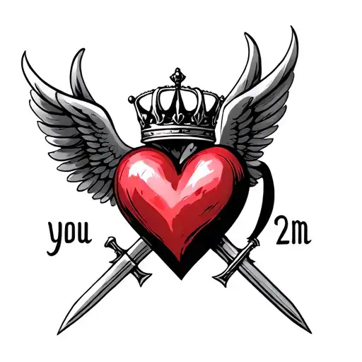 A heart with wings and crown crossed with 2 swords on you say 2m tattoo design idea