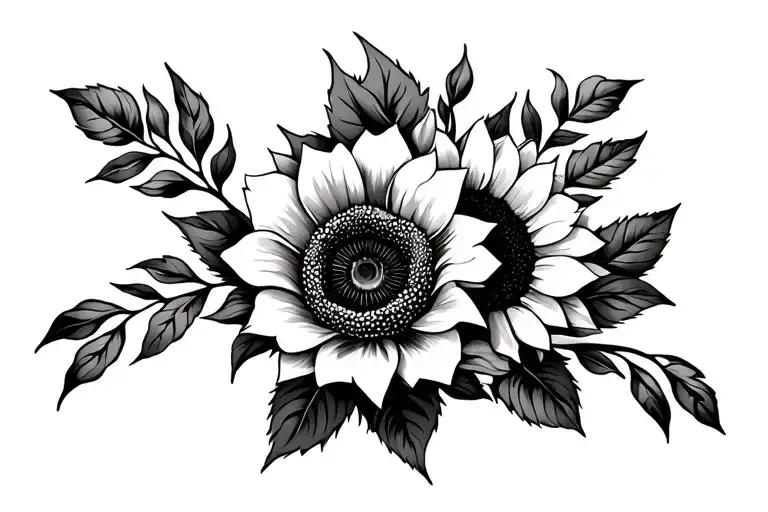roses, sunflowers, pointy leaves tattoo design idea