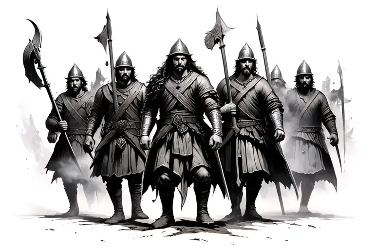 historical norman soldier, Scottish warrior, viking, Irish soldier, English warrior in mist. action poses tattoo design idea