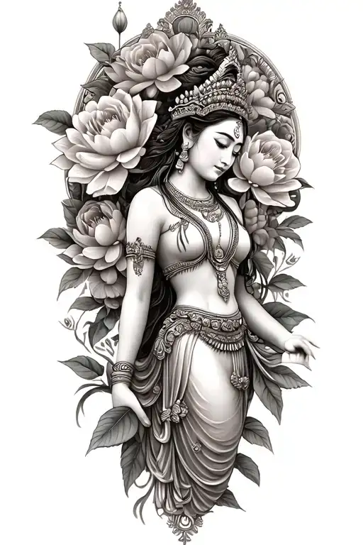Cambodia apsara surrounded in peonies, roses and lotus flowers tattoo design idea