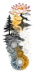 Collage Constellations lotus outline , Buddhist landscape, Trees, Waterfall, Wood steampunk Gears, mandala tattoo design idea