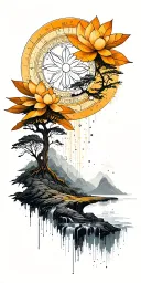 Collage Constellations lotus outline , Buddhist landscape, Trees, Waterfall, Wood steampunk Gears, mandala tattoo design idea