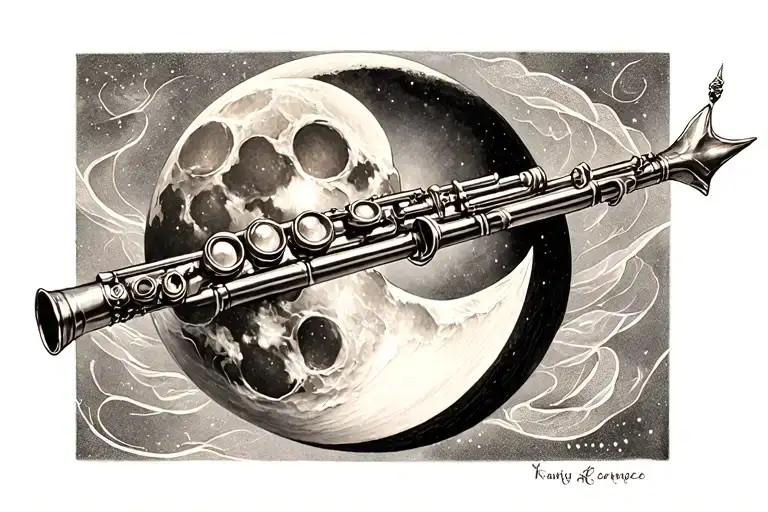 flute and semi moon surrounded tattoo design idea