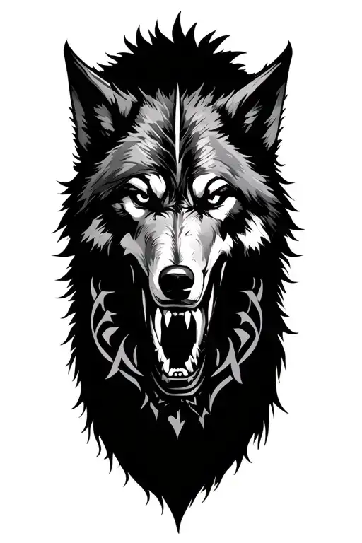 "From chaos, I was born again" a wolf showing the teeth and a Viking warrior who starts his head on the wolf's teeth and tribal designs tattoo design idea