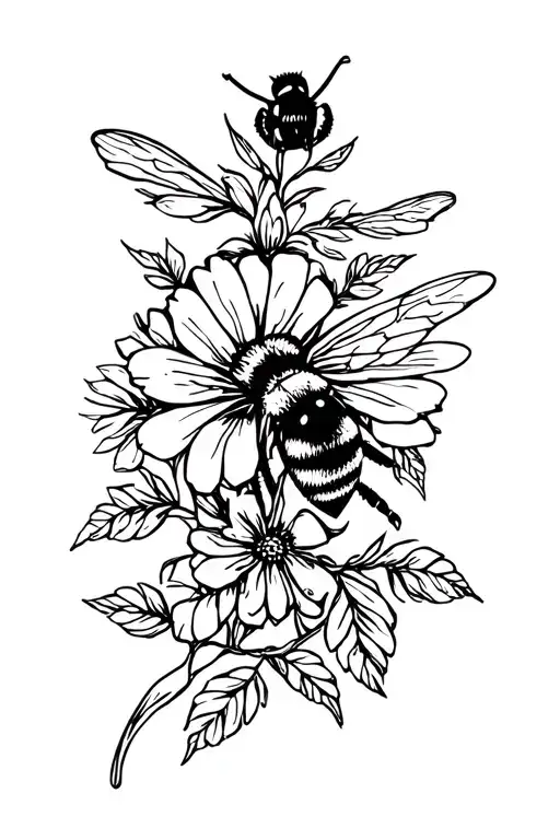 bee and flower bouquet tattoo design idea