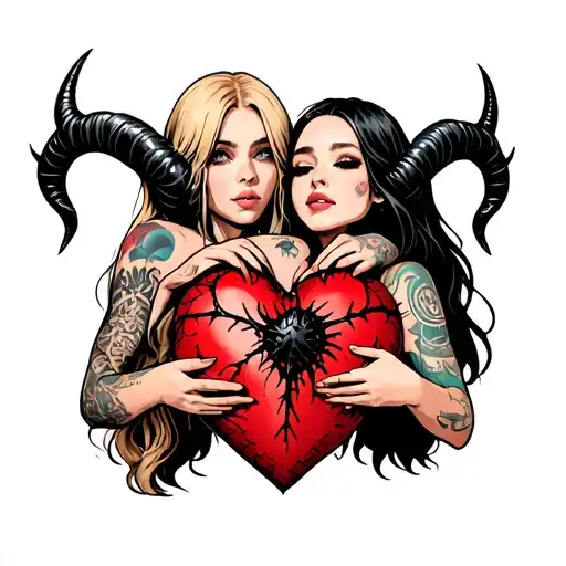 black thorny heart being held by a blonde with horns and a beautiful girl with black hair no horns and tattoos tattoo design idea