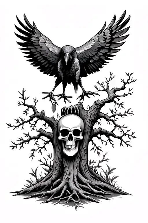 crow, skulls, trees, native american tattoo design idea