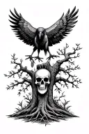 crow, skulls, trees, native american tattoo design idea