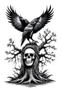 crow, skulls, trees, native american tattoo design idea